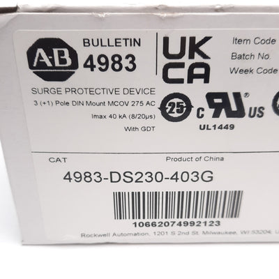 New – Open box Allen Bradley 4983-DS230-403G Surge Protector, 275VAC 40A Max, 4-Poles