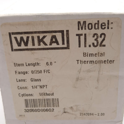 New WIKA TI.32 32060D006G2 Bimetal Thermometer, ø3in, 0-250°F/-20-120°C, 6in Stem