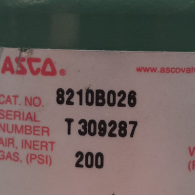 Used ASCO 8210B026 2-Way Solenoid Valve, 200PSI Air, 180PSI Water/Oil, 24VDC Coil
