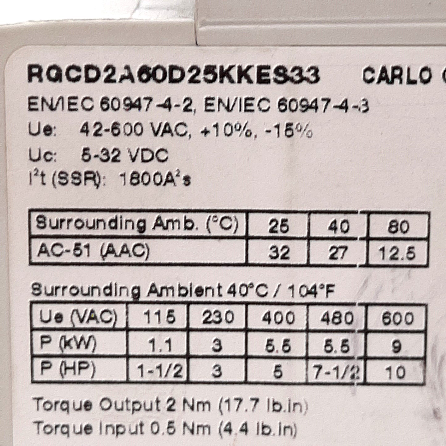 Used Carlo Gavazzi RGCD2A60D25KKES33 Solid State Relay 5-32VDC Control 42-600VAC Line