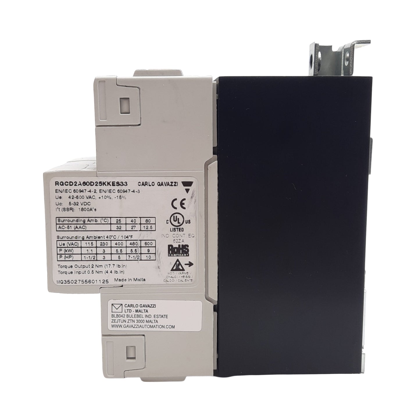 Used Carlo Gavazzi RGCD2A60D25KKES33 Solid State Relay 5-32VDC Control 42-600VAC Line