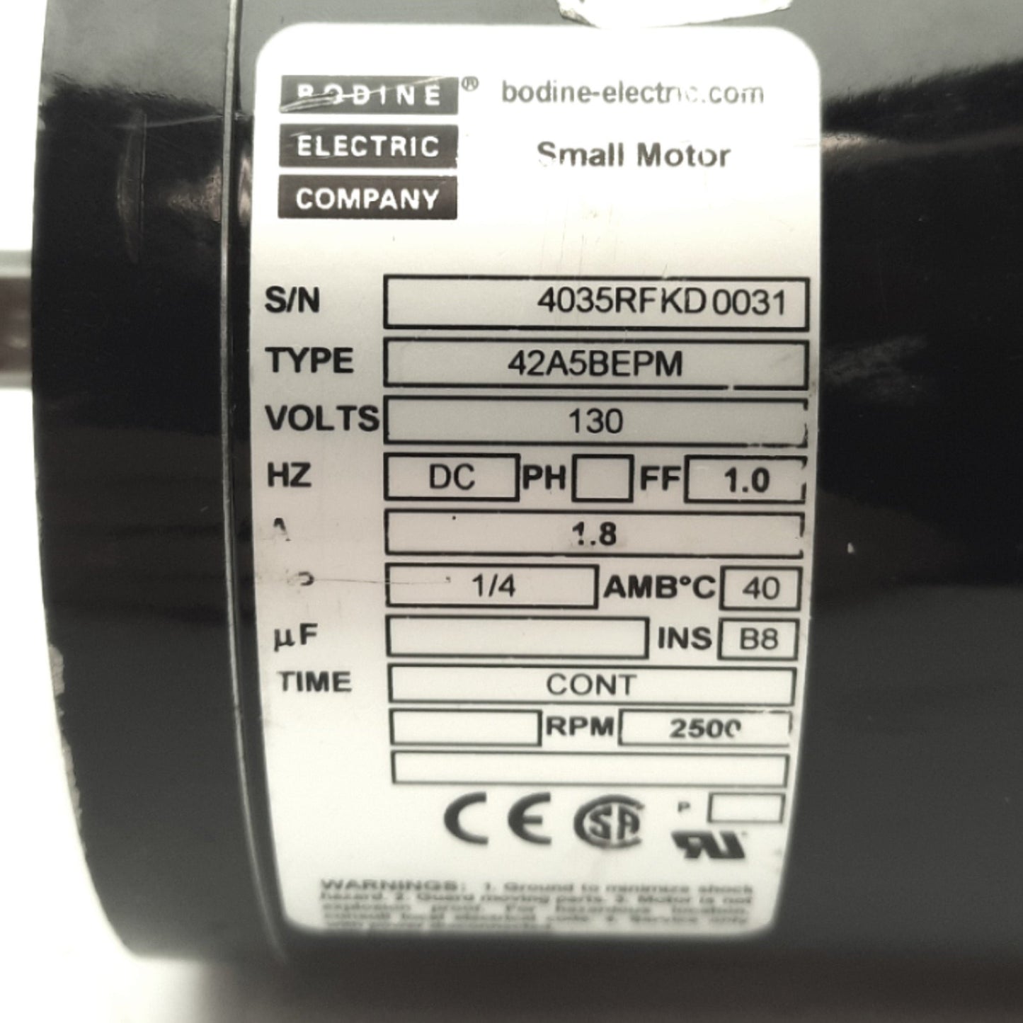 Used Bodine Electric Company 42A5BEPM DC Motor 130VDC, 1.8A, NEMA 42C *Ground Shaft*