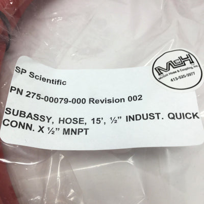 New SP Scientific 275-00079-000 Chiller Hose Assembly 1/2" QD x 1/2" NPT 300psi 15ft
