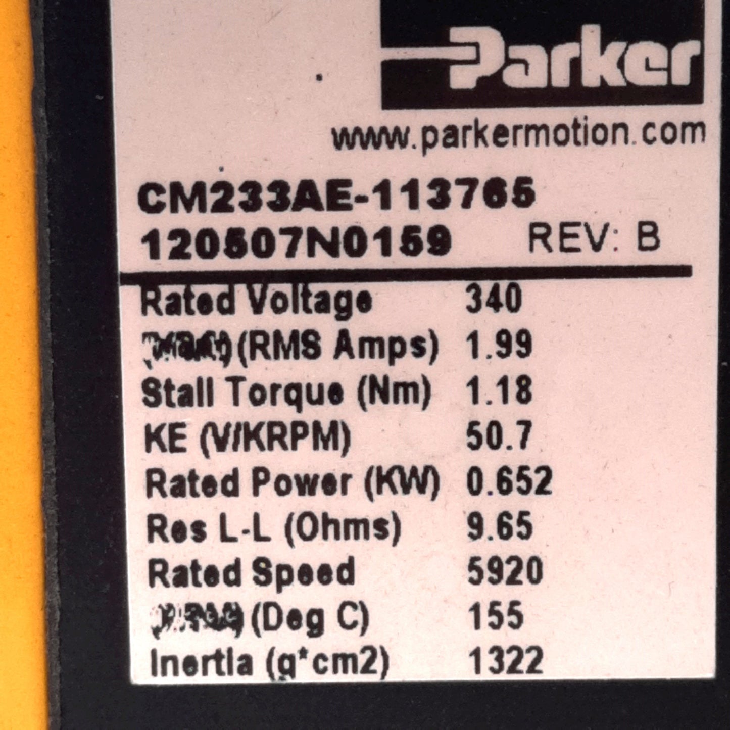 Used Parker CM233AE-113765 Servo Motor, 340VAC 1.99A, 0.652kW, 5920RPM, ø3/8in Shaft