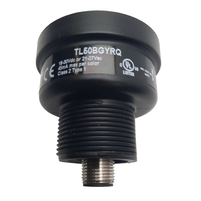 Used Banner TL50BGYRQ Basic Tower Light, 4 Segment, 30VDC, 20mA, 5-pin M12, NPN/PNP