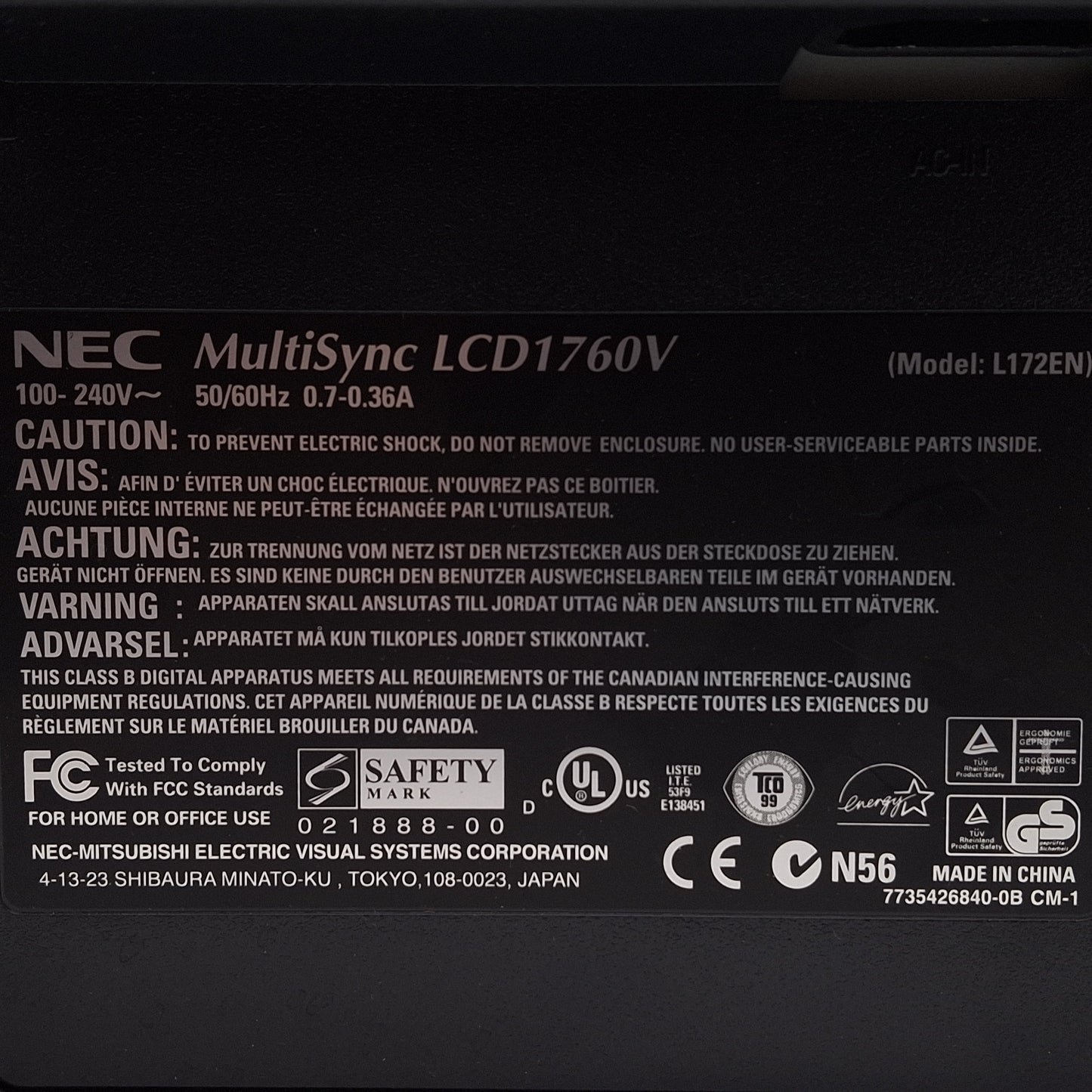 Used NEC Multisync LCD1760V LCD Monitor 17", 100-240VAC, VGA Input, 1280x1024