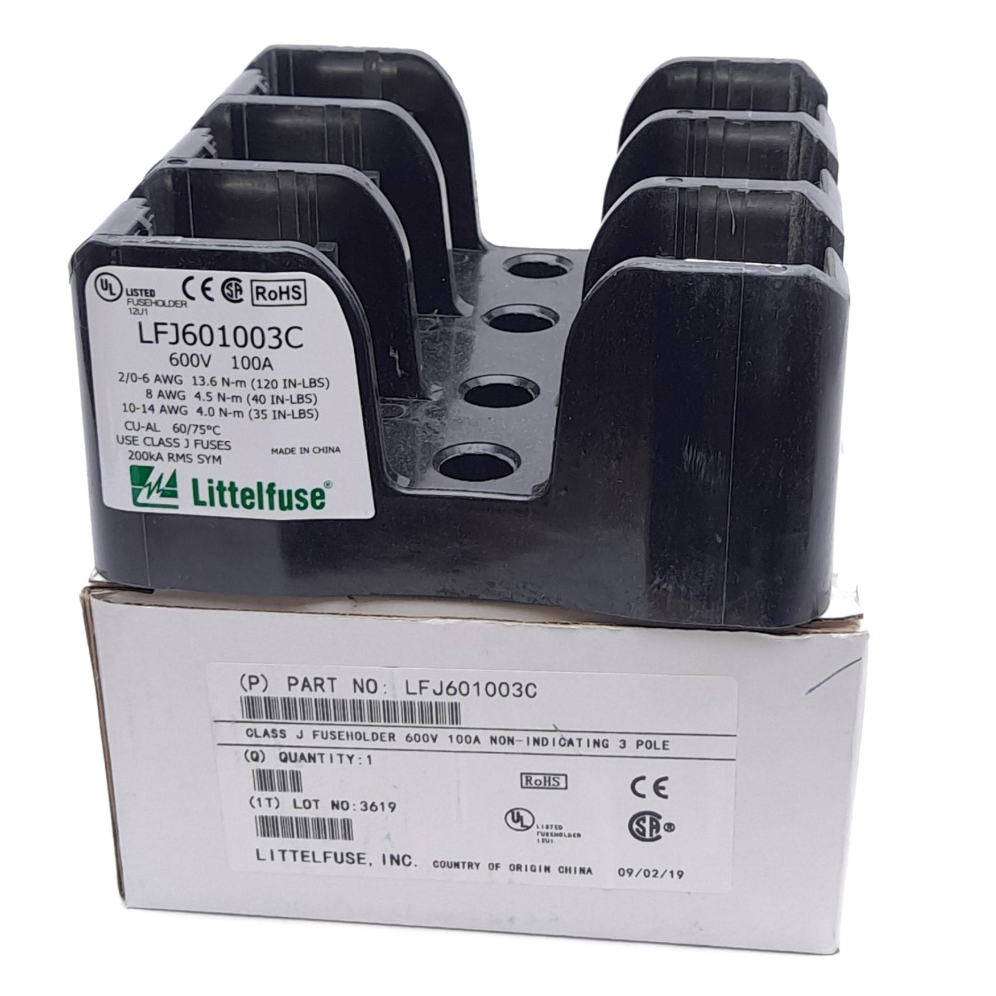 New Littelfuse LFJ601003C Fuseholder, 600VAC/DC 100A, DIN Rail, Class J Fuses