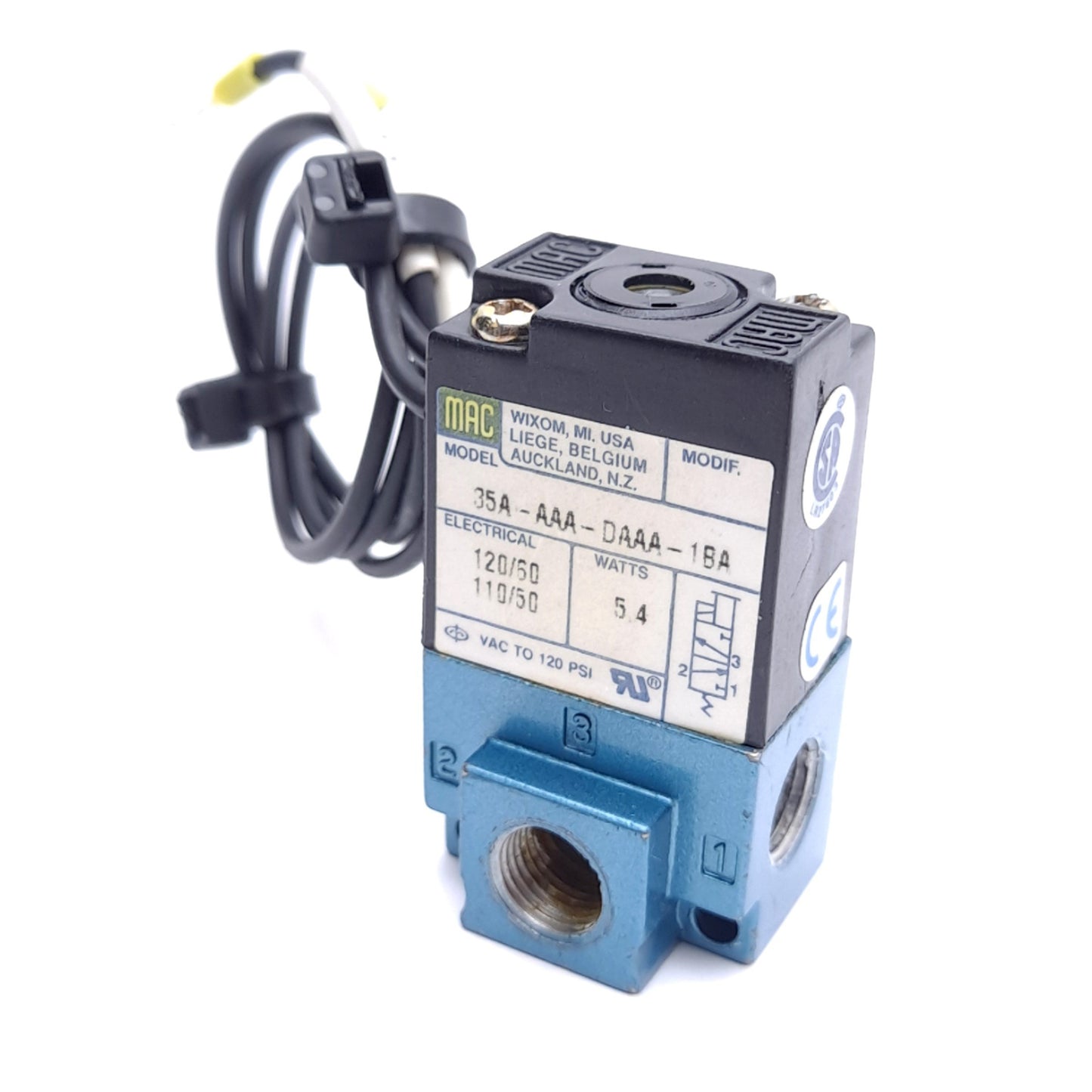 Used MAC 35A-AAA-DAAA-1BA Solenoid Valve, 3-Way, 110/120VAC, 120psi, 1/8in NPTF