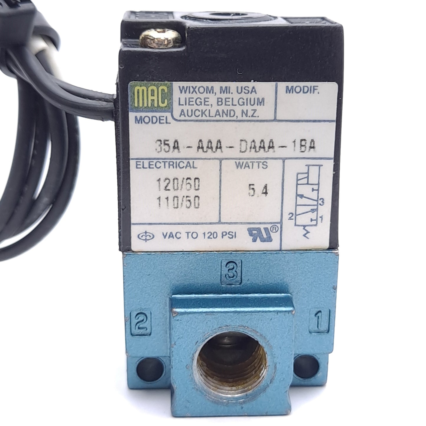 Used MAC 35A-AAA-DAAA-1BA Solenoid Valve, 3-Way, 110/120VAC, 120psi, 1/8in NPTF