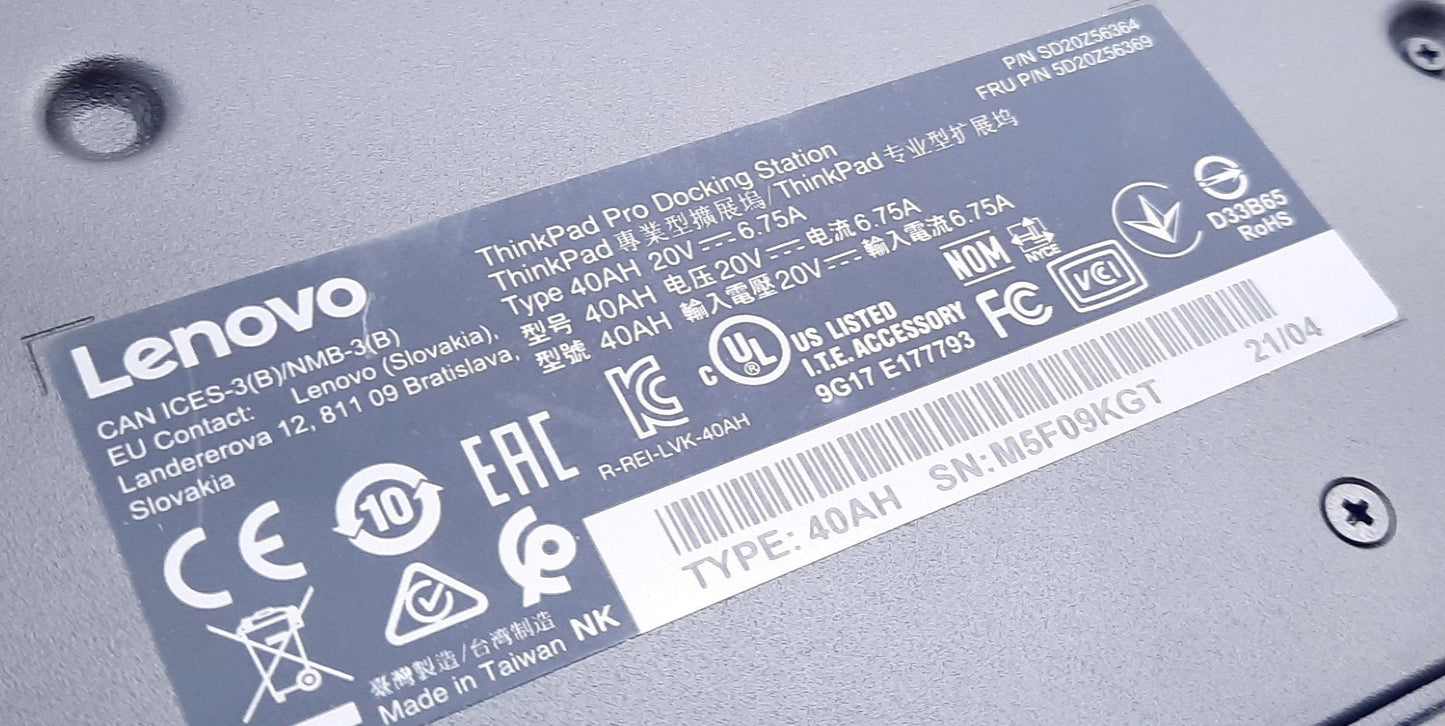 New Lenovo 40AH0135US ThinkPad Pro Docking Station USB Ports 5Gbps 5V 3A 20VDC 6.75A