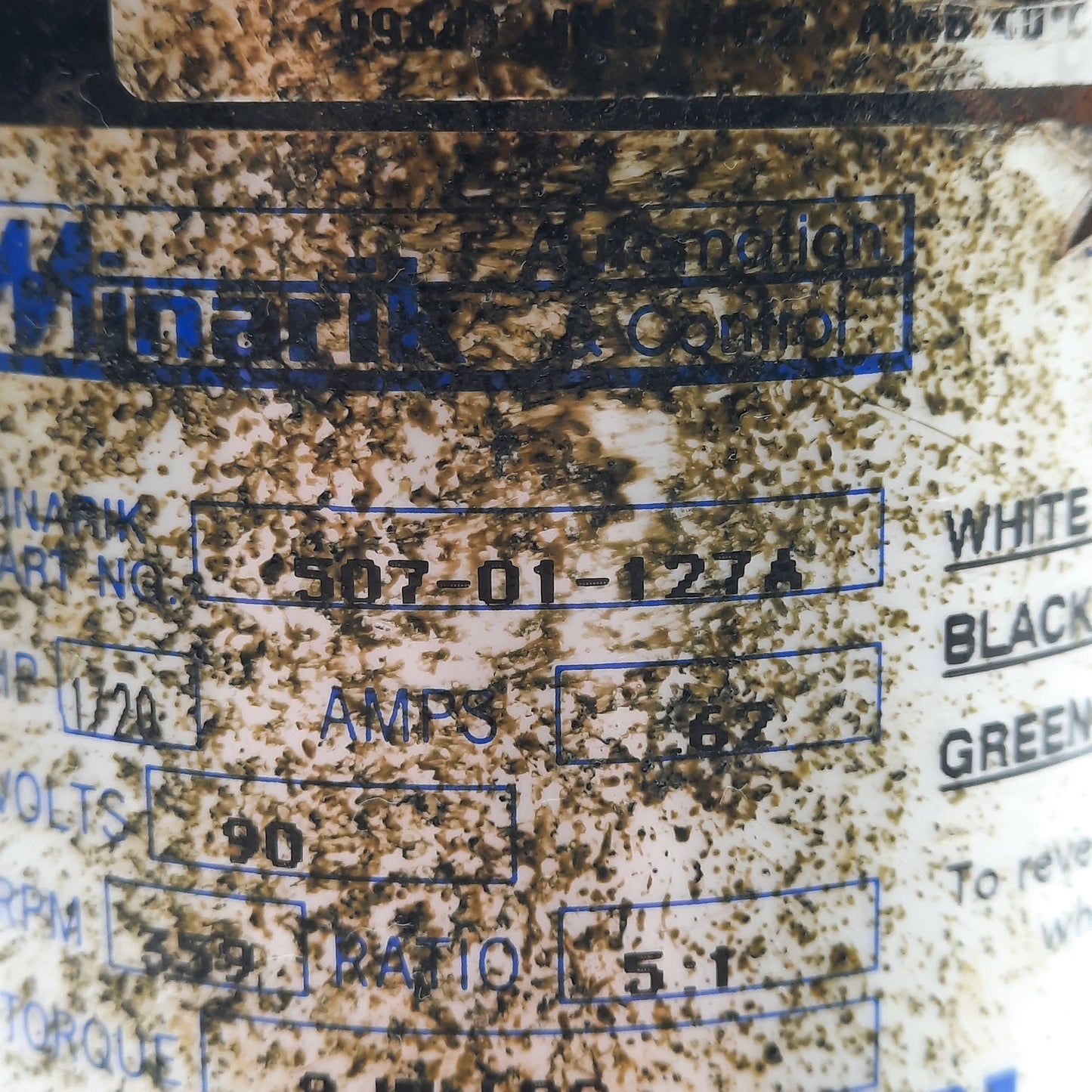 Used Minarik 507-1-127A DC Gearmotor, 5:1, 90VDC 0.62A, 359RPM, 8in-lbs, ø1/2in Shaft