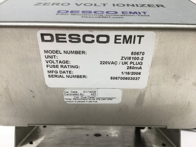 Used Desco EMIT 50670 Zero Volt Benchtop Ionizer, Stainless Steel, 220VAC w/UK Plug