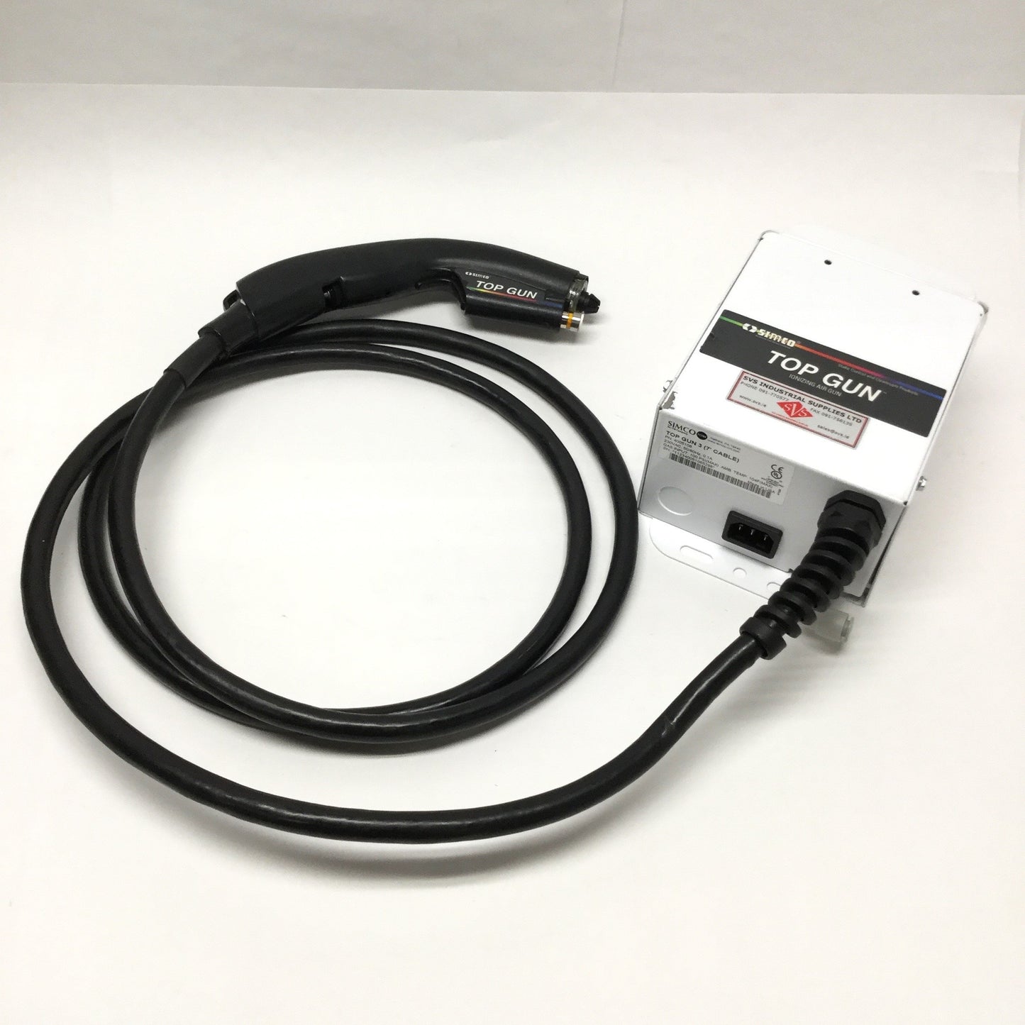 Used Simco 4005106 Top Gun 3 Air Ionizer 230VAC, 100psi, 7ft Blow-Off Hose/Cable