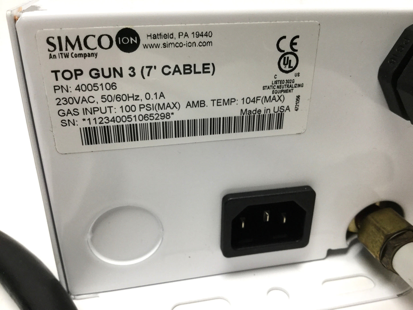 Used Simco 4005106 Top Gun 3 Air Ionizer 230VAC, 100psi, 7ft Blow-Off Hose/Cable
