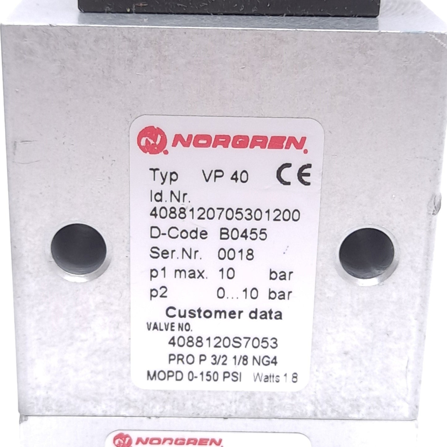 Used Norgren VP40 Proportional Flow Control Valve, 10bar Max, 1/8in NPT, 12VDC