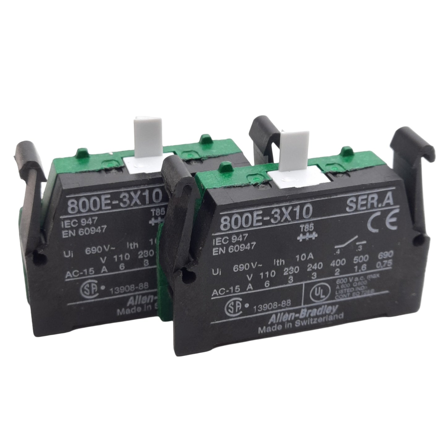 Used Lot of 2 Allen Bradley 800E-3X10 Contact Block, 1 NO, 22.5mm, 690VAC 10A