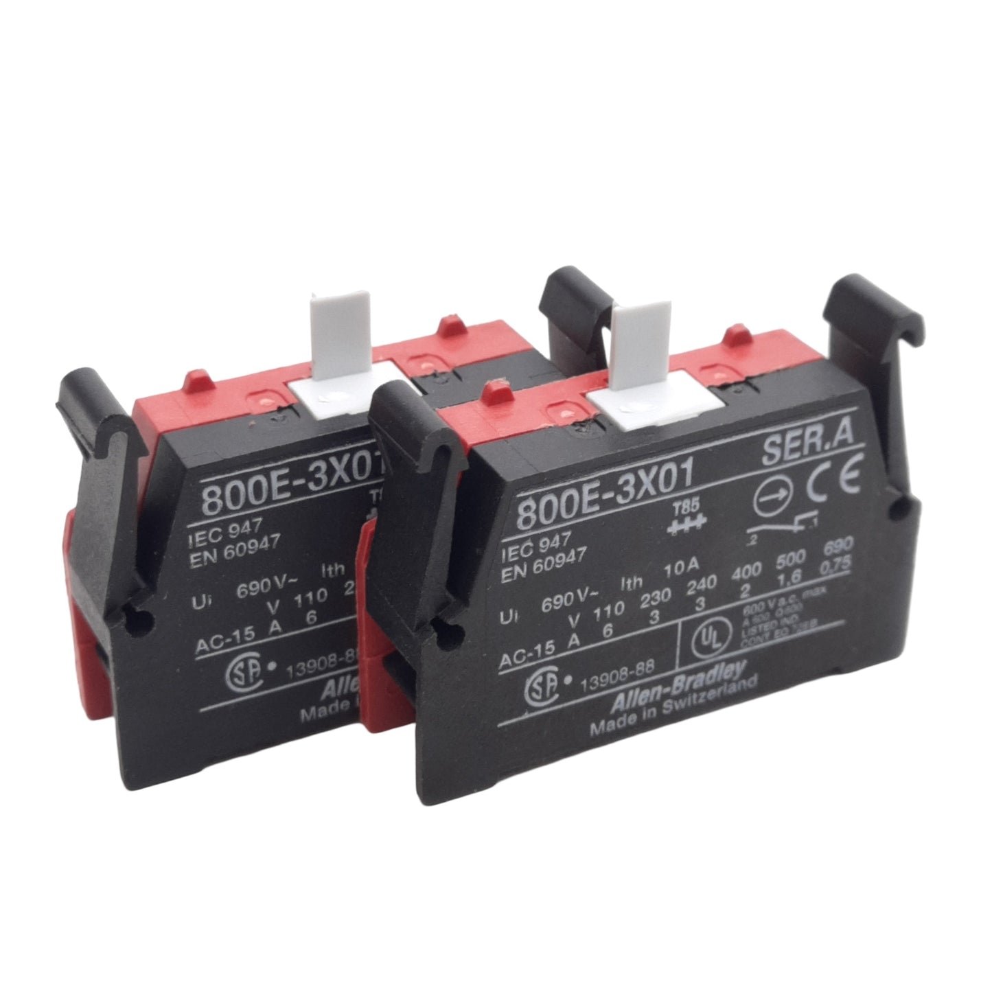 Used Lot of 2 Allen Bradley 800E-3X01 Contact Block, 1 NC, 22.5mm, 690VAC 10A