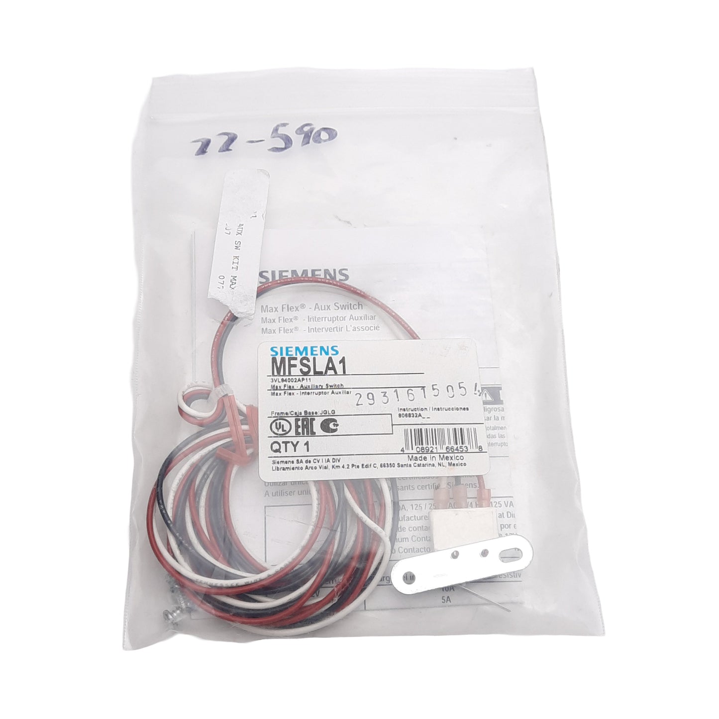 Used Siemens 3VL94002AP11 MFSLA1 Max Flex Operator Auxiliary Switch, 125/250VAC 10A