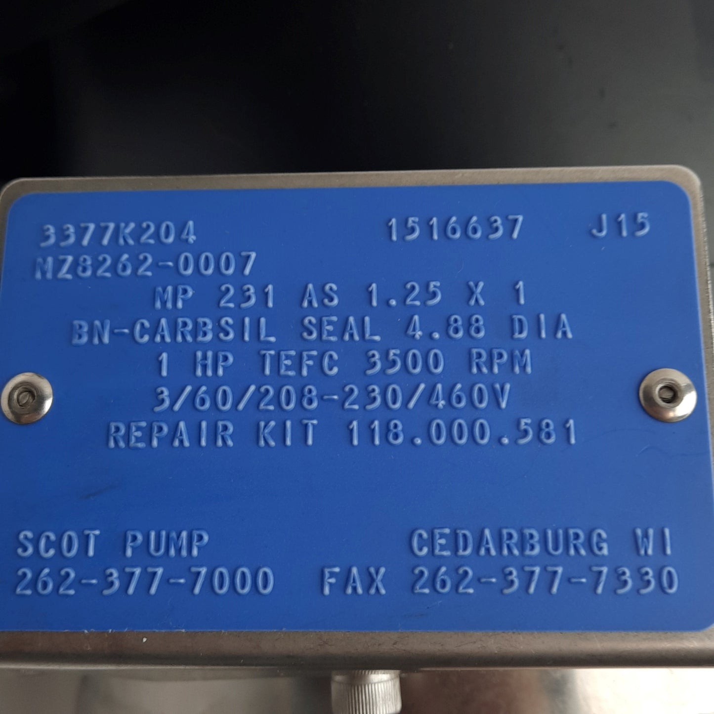 Used WEG 00136ES3EJP56J-S Pump, 3-PH 208-230/460VAC, 1HP, 3480RPM, 1 & 1-1/4 in NPT