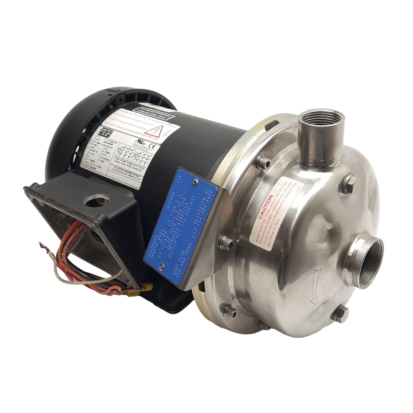 Used WEG 00136ES3EJP56J-S Pump, 3-PH 208-230/460VAC, 1HP, 3480RPM, 1 & 1-1/4 in NPT