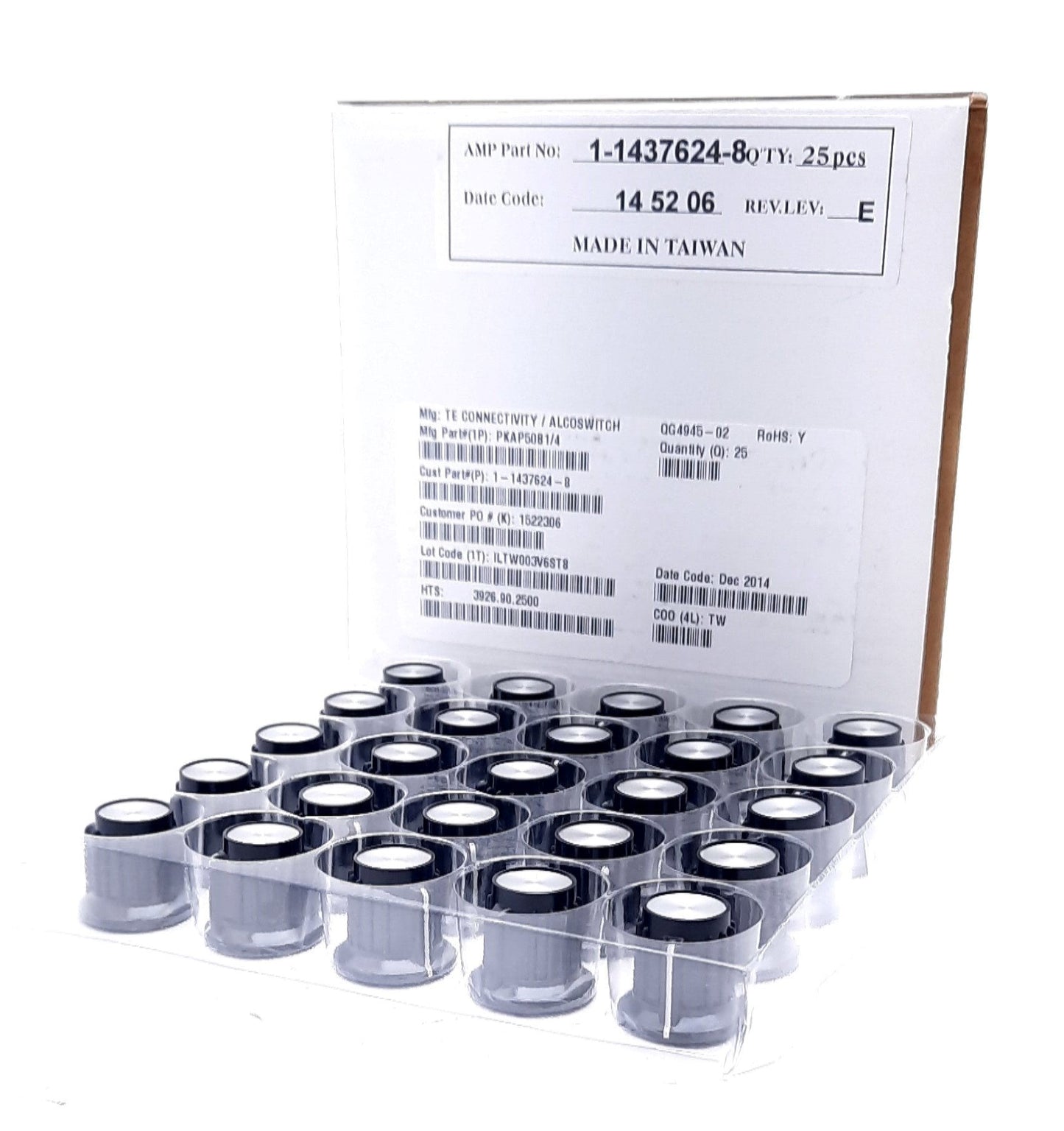 New Lot of 25 TE Connectivity Alcoswitch PKAP50B1/4 Ribbed Knob 0.25", 0.693",0.787"