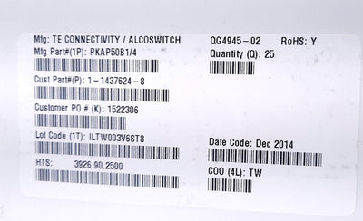 New Lot of 25 TE Connectivity Alcoswitch PKAP50B1/4 Ribbed Knob 0.25", 0.693",0.787"
