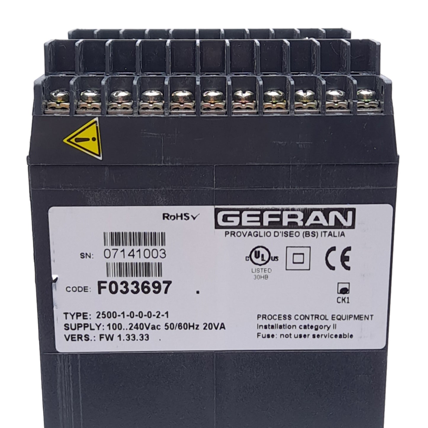 Used Gefran F033697 2500-1-0-0-0-2-1 PID Controller, 1/4 DIN, 1-Loop, 100-240VAC/DC