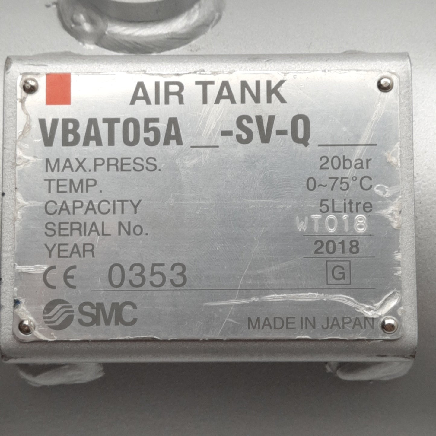 Used SMC VBAT05A-SV-Q CE Certified Air Tank, 5 Liter, 20bar, 0-75°C, Rc1/2 Ports