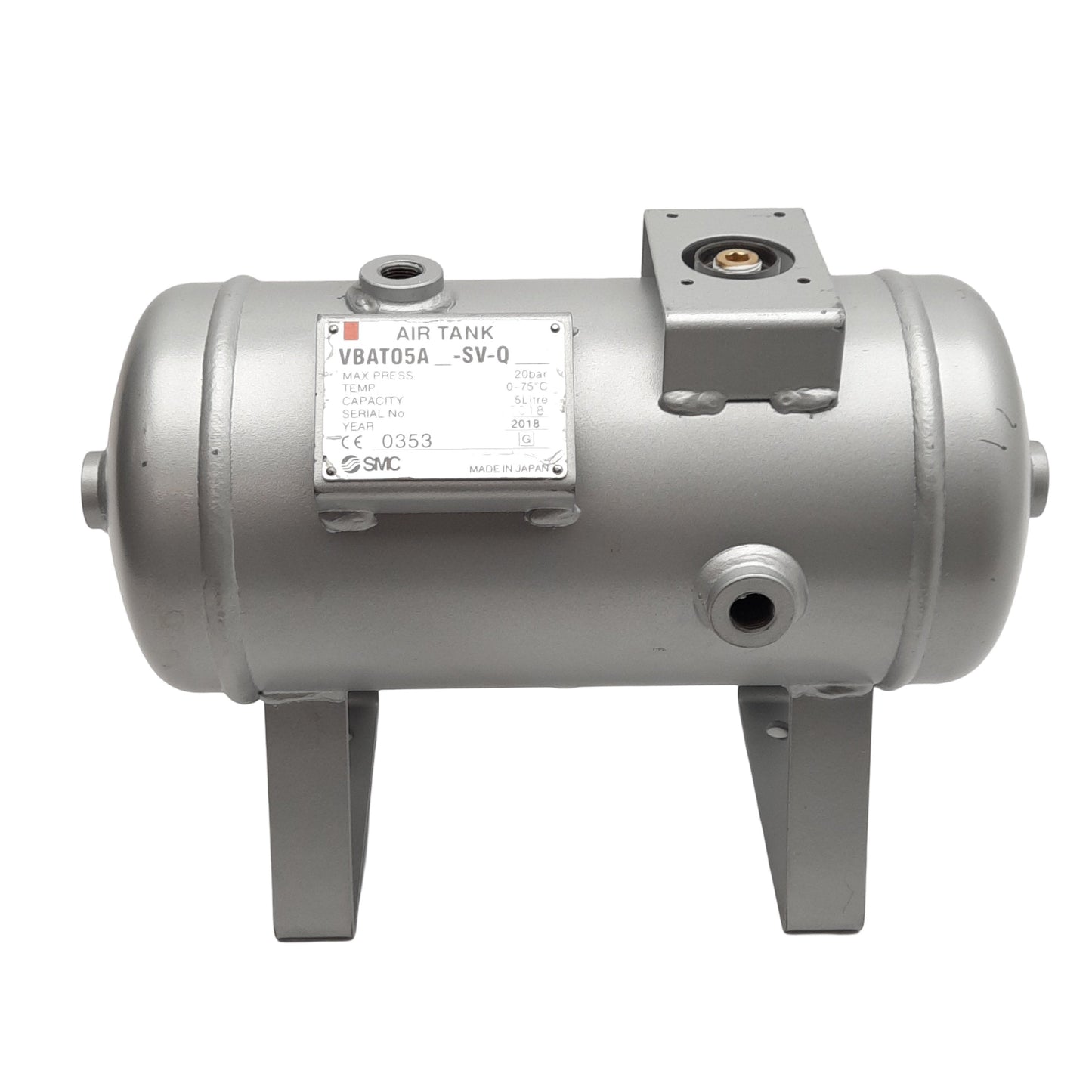 Used SMC VBAT05A-SV-Q CE Certified Air Tank, 5 Liter, 20bar, 0-75°C, Rc1/2 Ports
