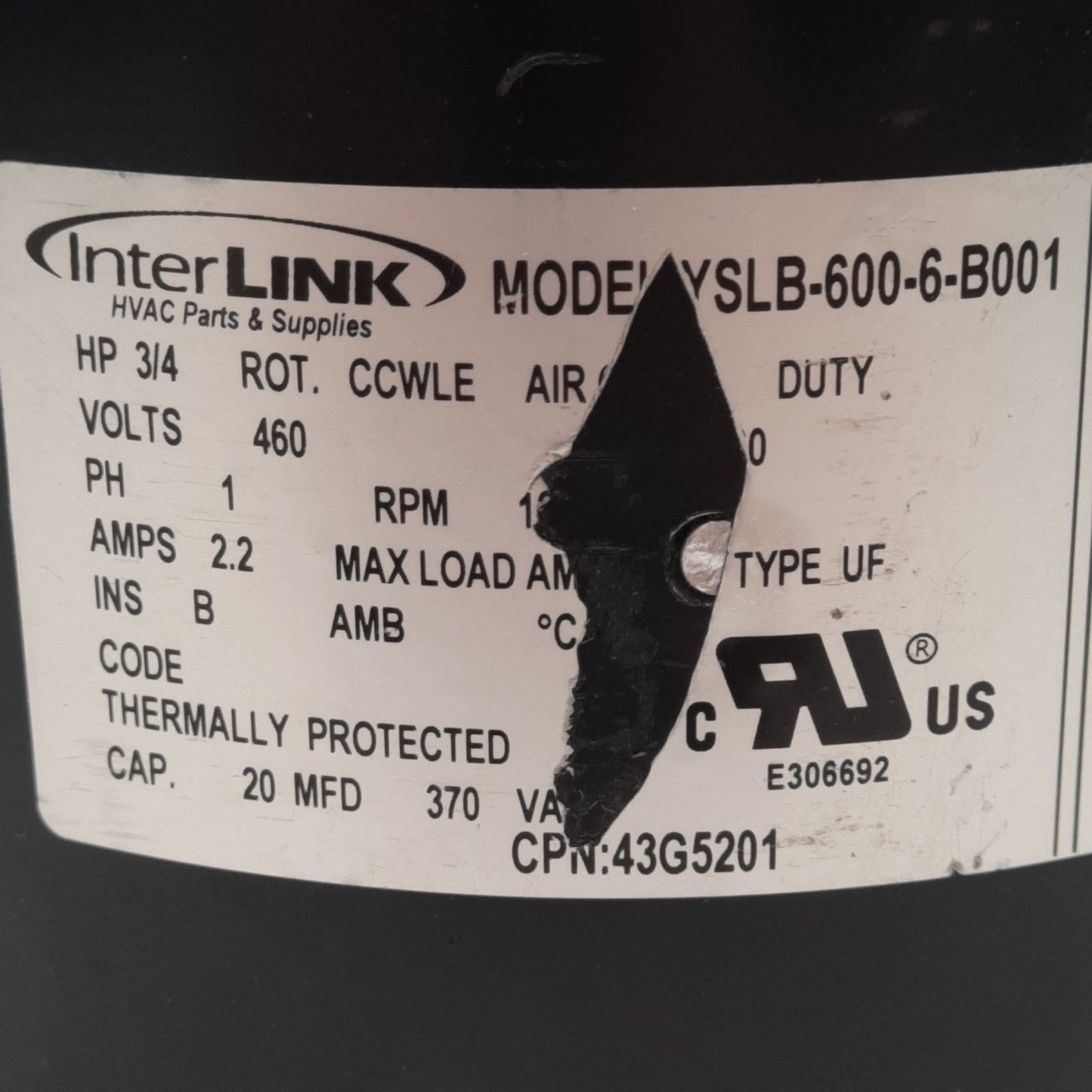 Used Lennox 43G502 PSC Blower Motor 460VAC, 3/4HP, 1075RPM, ø1/2in Shaft, NEMA 48