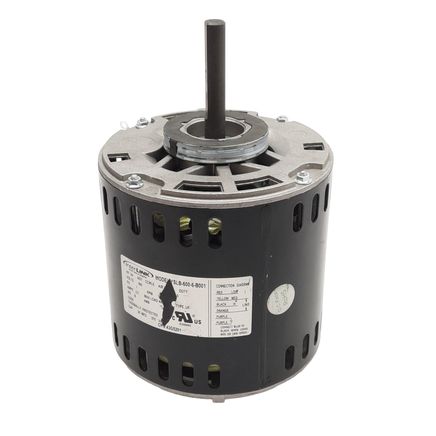 Used Lennox 43G502 PSC Blower Motor 460VAC, 3/4HP, 1075RPM, ø1/2in Shaft, NEMA 48