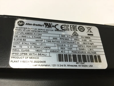 Used Allen Bradley VPL-A0633C-PJ12AA Kinetix AC Servo Motor .37kW 240VAC 3PH 2500RPM