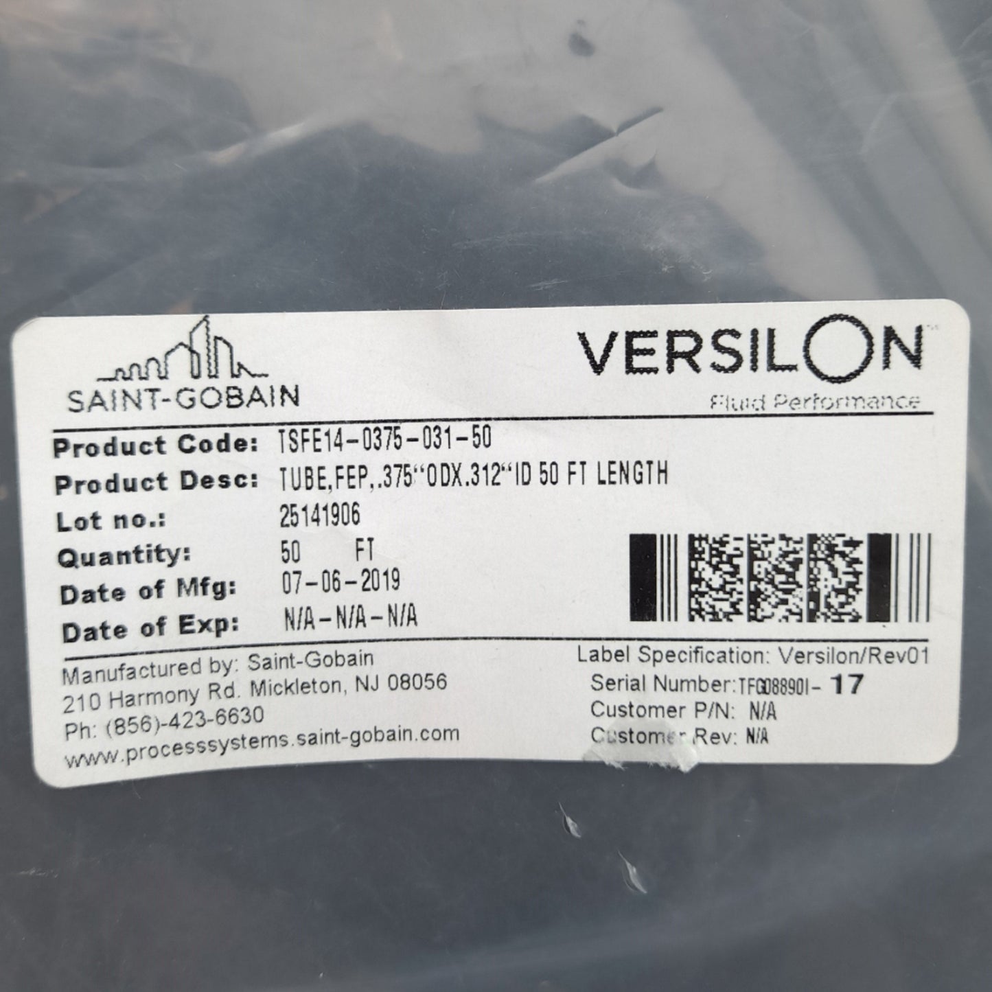 New Saint Gobain TSFE14-0375-031-50 Versilon FEP Tubing, 5/16in ID, 3/8in OD, 50ft