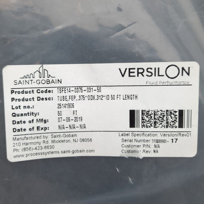 New Saint Gobain TSFE14-0375-031-50 Versilon FEP Tubing, 5/16in ID, 3/8in OD, 50ft