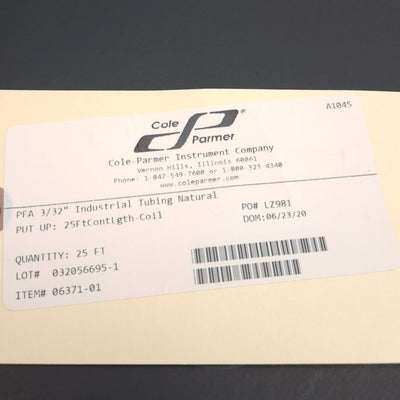 New Cole Parmer 063701-01 PFA Industrial Tubing, 3/32in ID, 5/32in OD, 25ft Length