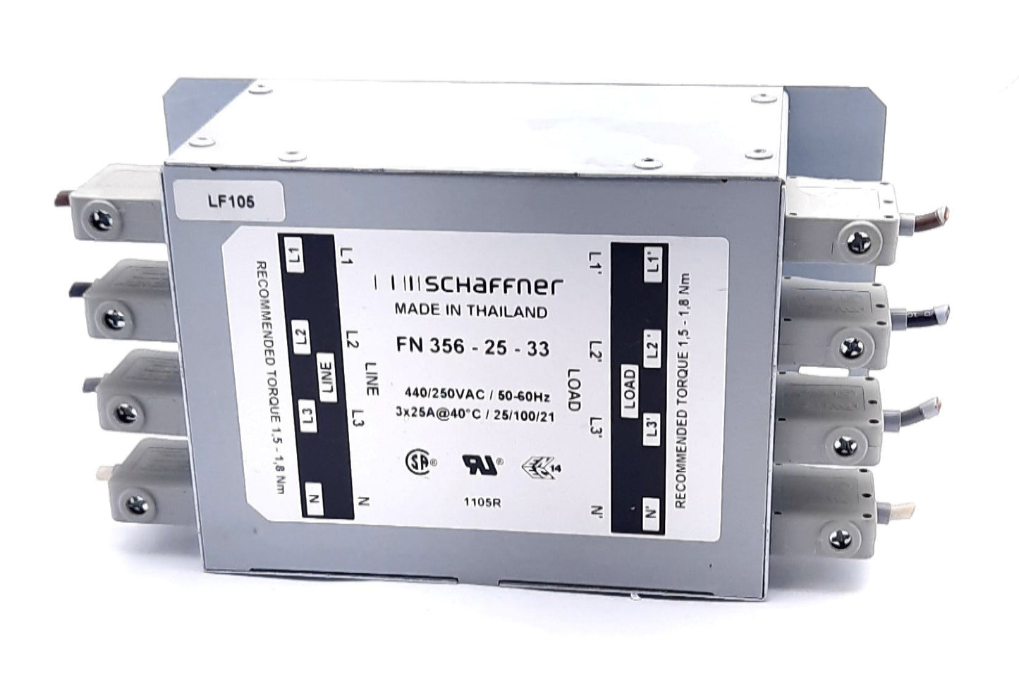 Used Schaffner FN 356-25-33 Power Line Filter 3 Phase 250VAC, 440VAC, 25A, 430uA