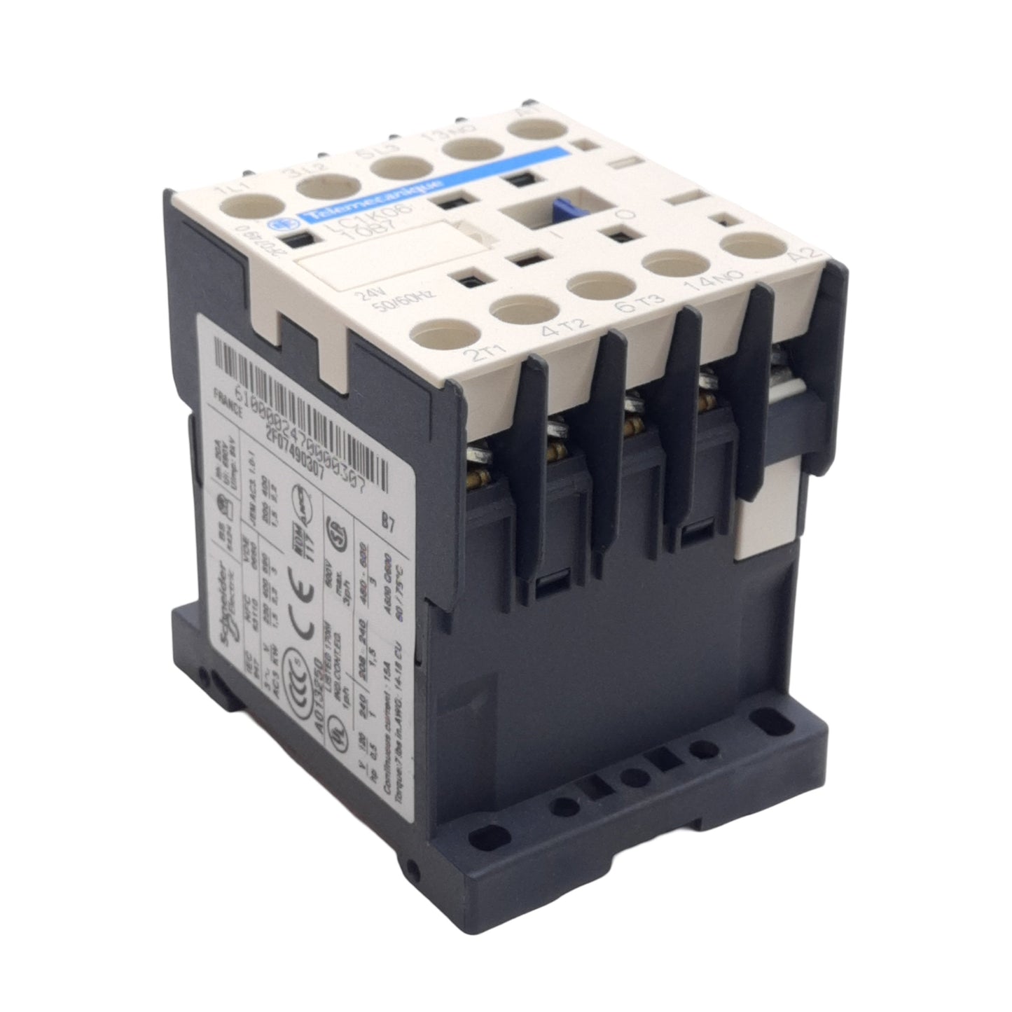 Used Telemecanique LC1K0610B7 Contactor, 3-Pole, 3NO + 1NO Aux, 600V 6A, DIN Rail