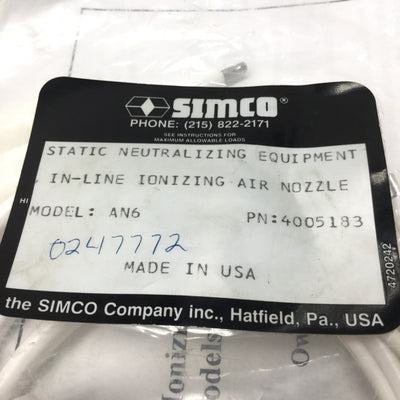 New Simco AN6 4005183 AFC-2 In-Line Static Neutralizing Ionizing Air Nozzle 1/4" NPT
