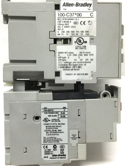 Used Allen Bradley 100-C37D00 / 193-EEFD Motor Starter, 110/120VAC, 3-Pole, 9-45A OL