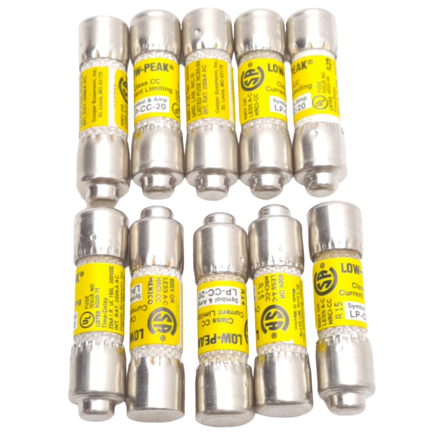 Used Lot of 10 Bussmann LP-CC-20 Low-Peak Time Delay Class CC Fuse 20A 600VAC/300VDC