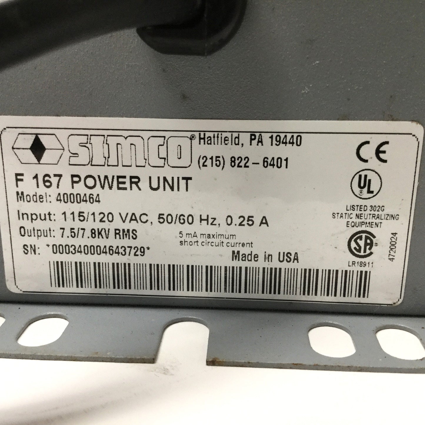 Used Simco F167 Static Eliminator Neutralizer Power Supply, 2x 7.5kV RMS Out, 120VAC