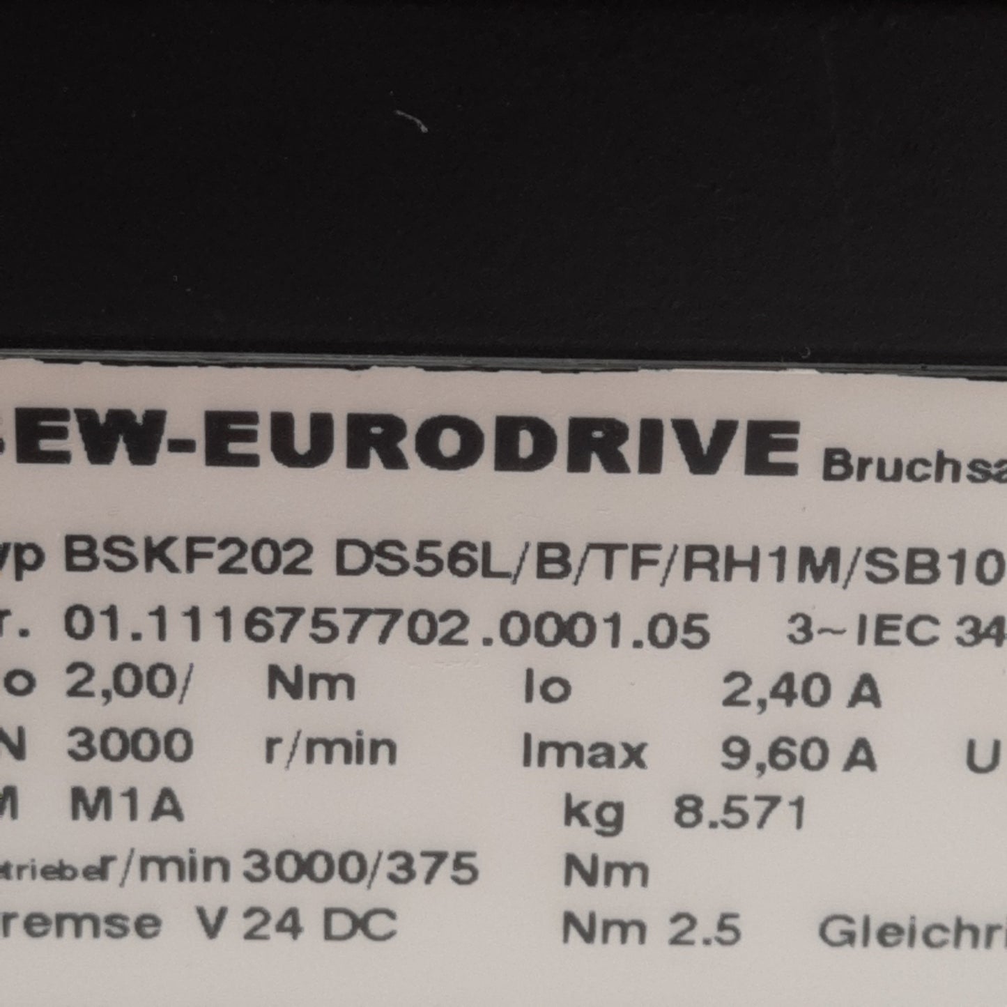 Used Sew Eurodrive BSKF202 DS56L/B/TF/RH1M/SB10 Synchronous Servo Gearmotor 3Ø 400VAC