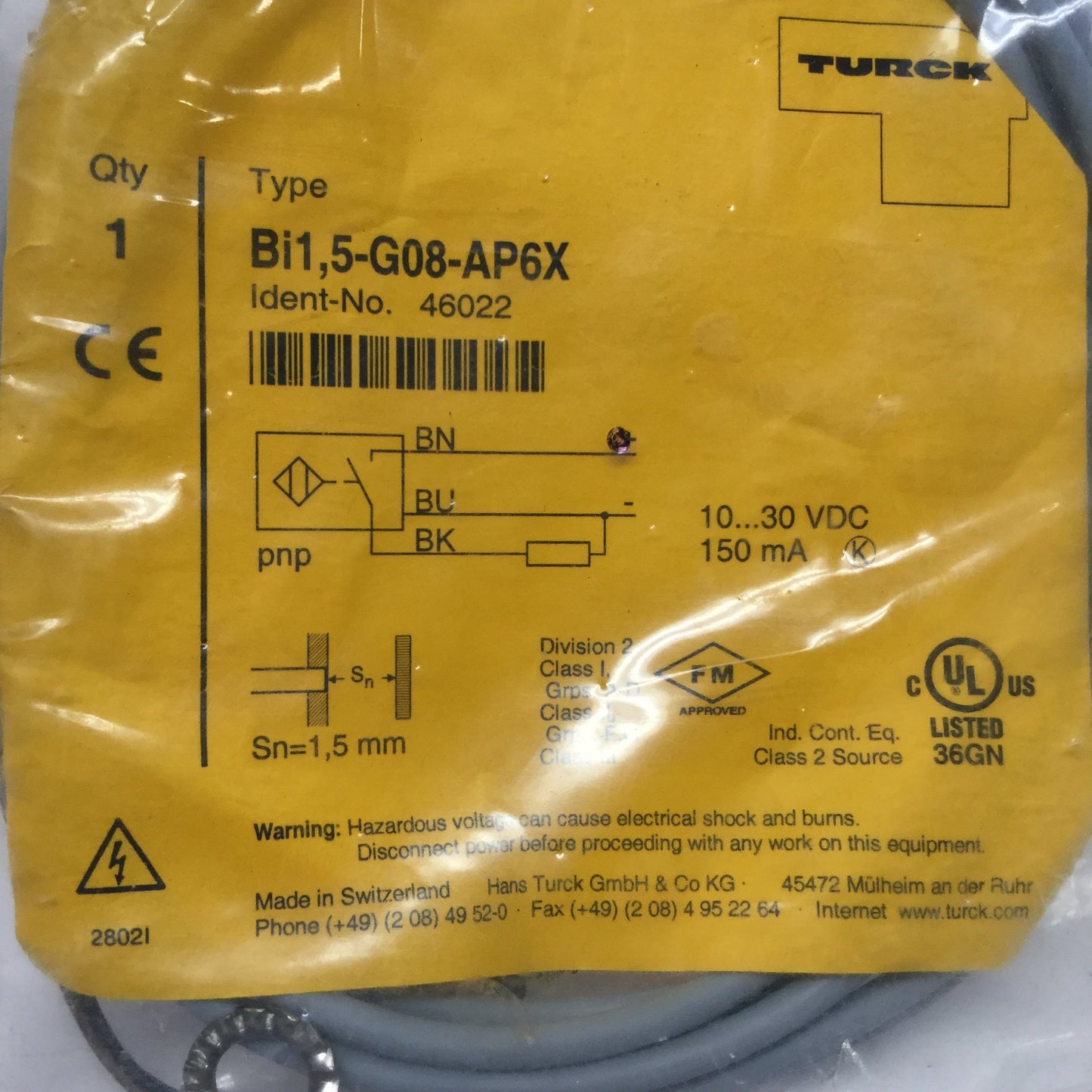 New Turck Bi1,5-G08-AP6X Inductive Proximity Sensor, 1.5mm, 10-30VDC, PNP-NO, 3-Wire