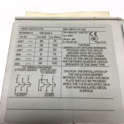 Used Allen Bradley 140G-G2C3-C70 Circuit Breaker 70A 600VAC 3-Pole w/Rotary Handle