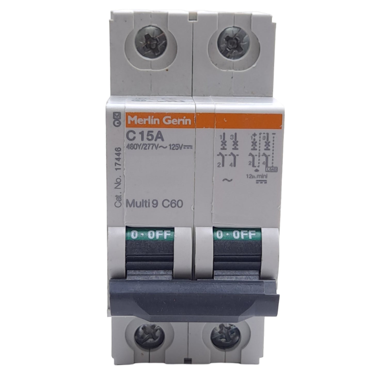 Used Merlin Gerin MG17446 Circuit Breaker, 15A 480Y/277VAC, 2-Pole, C Curve, DIN Rail