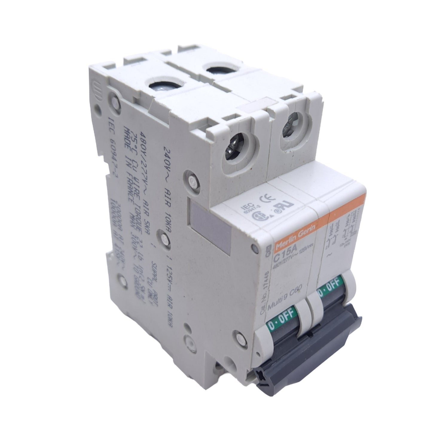 Used Merlin Gerin MG17446 Circuit Breaker, 15A 480Y/277VAC, 2-Pole, C Curve, DIN Rail