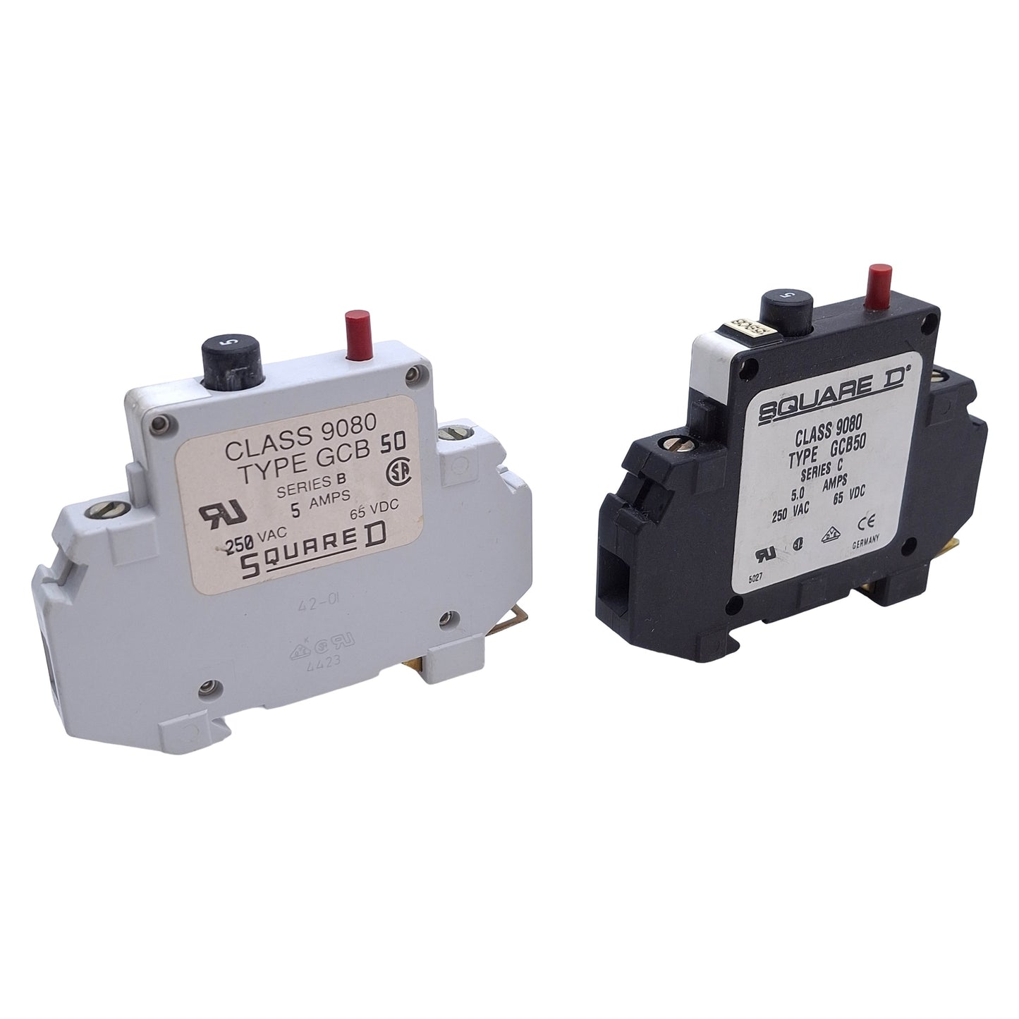 Used Lot of 2 Square D 9080GCB50 Circuit Breaker, 5A 250VAC/65VDC, 1-Pole, DIN Rail