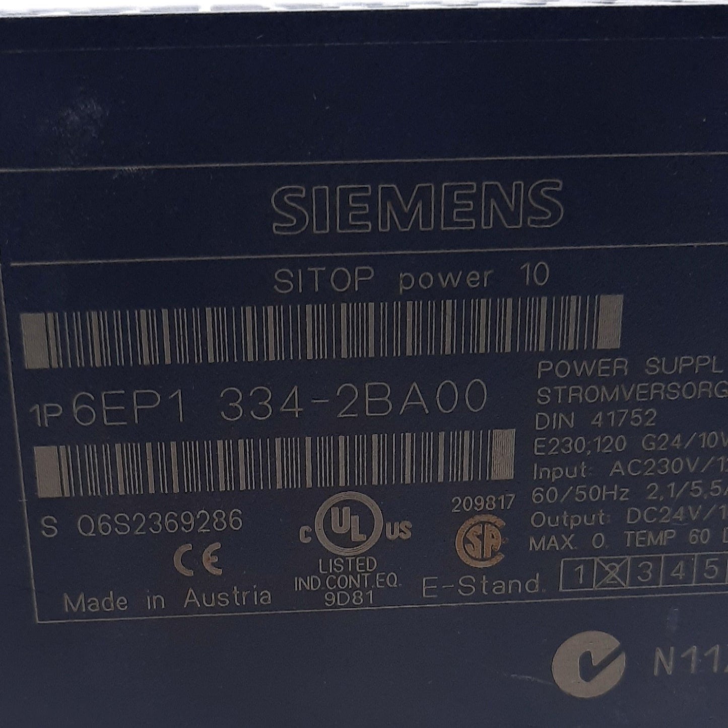 Used Siemens 6EP1334-2BA00 Power Supply Module 120/230VAC, 2.1/5.5A, 24VDC, 10A
