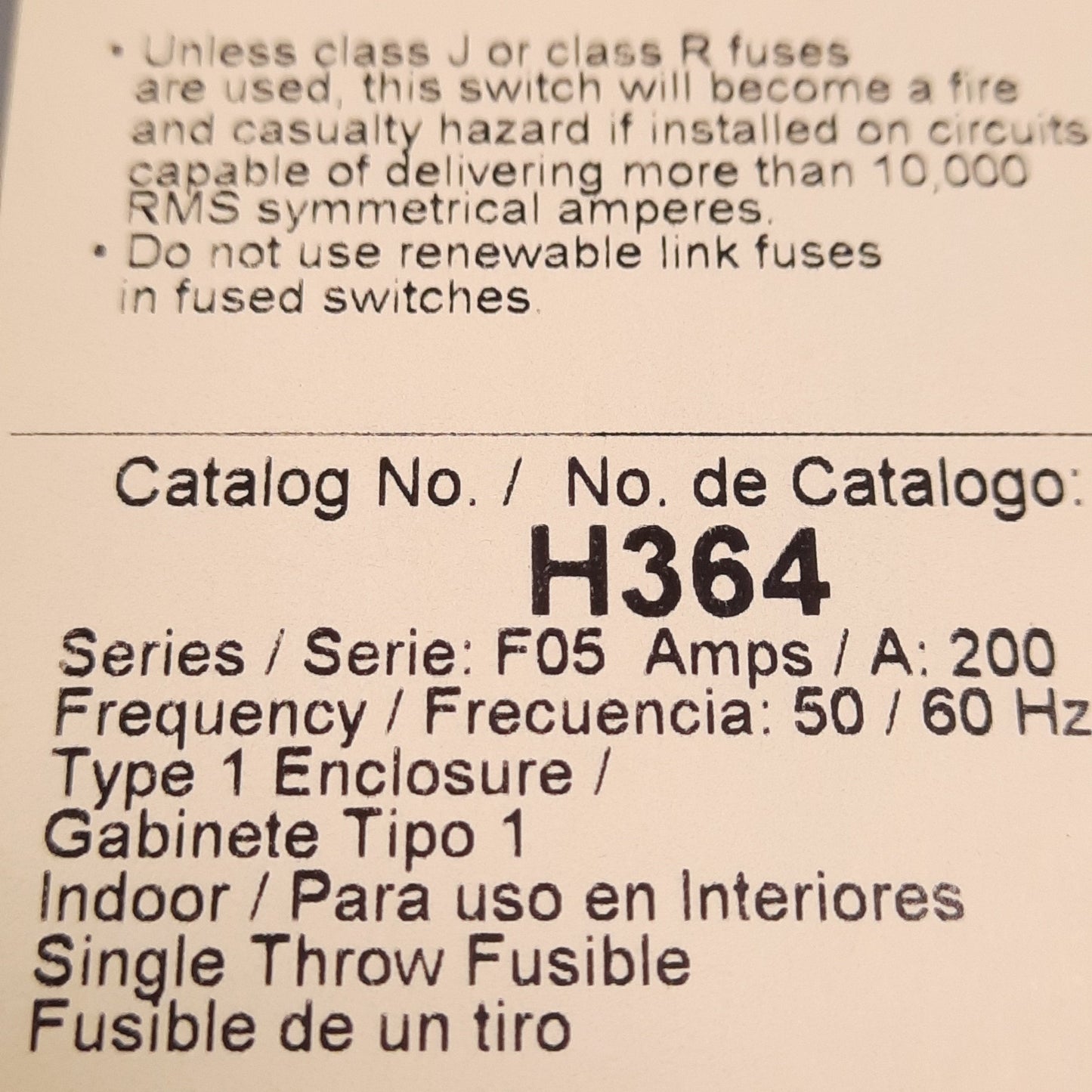 New – Open box Square D H364 Heavy Duty Fusible Safety Switch, 3-Pole, 200A 600VAC/DC, NEMA 1