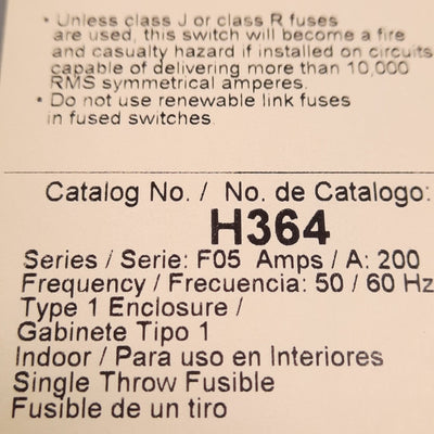 New – Open box Square D H364 Heavy Duty Fusible Safety Switch, 3-Pole, 200A 600VAC/DC, NEMA 1